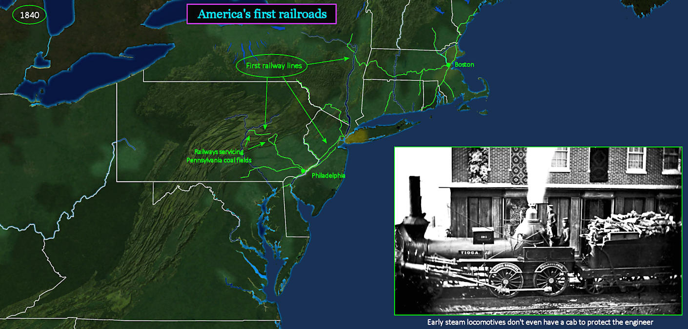 First railroads, 1840 map